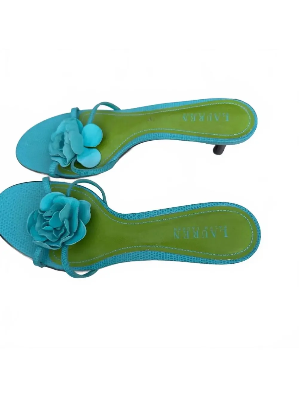 Lauren Ralph Lauren Jasmin 9.5B Blue Floral Applique Kitten Heel Sandals